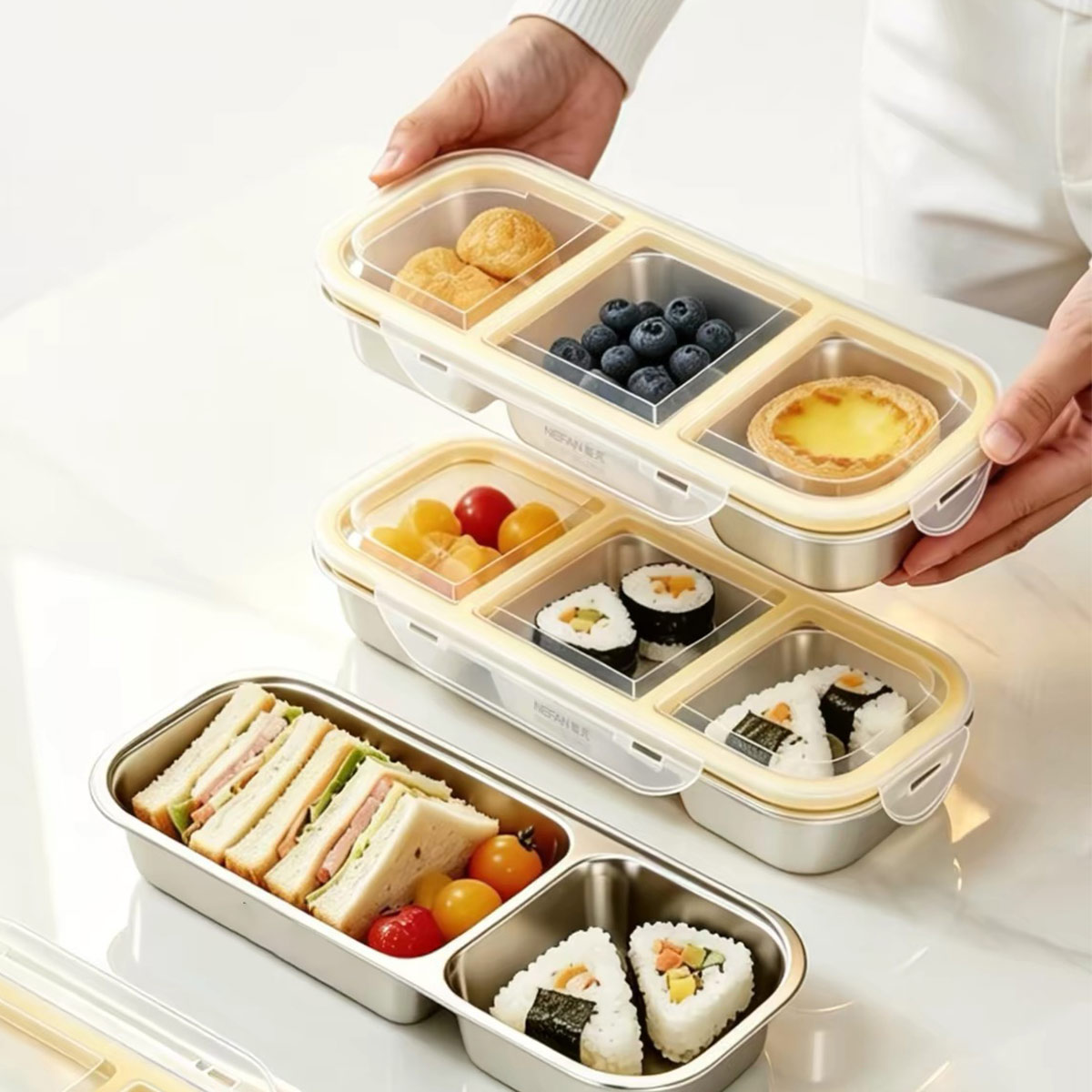Food Storage Oven Safe - ステンレス製の蓋付き食品保存容器、食品グレードの密閉ランチボックス、3区画の食事容器