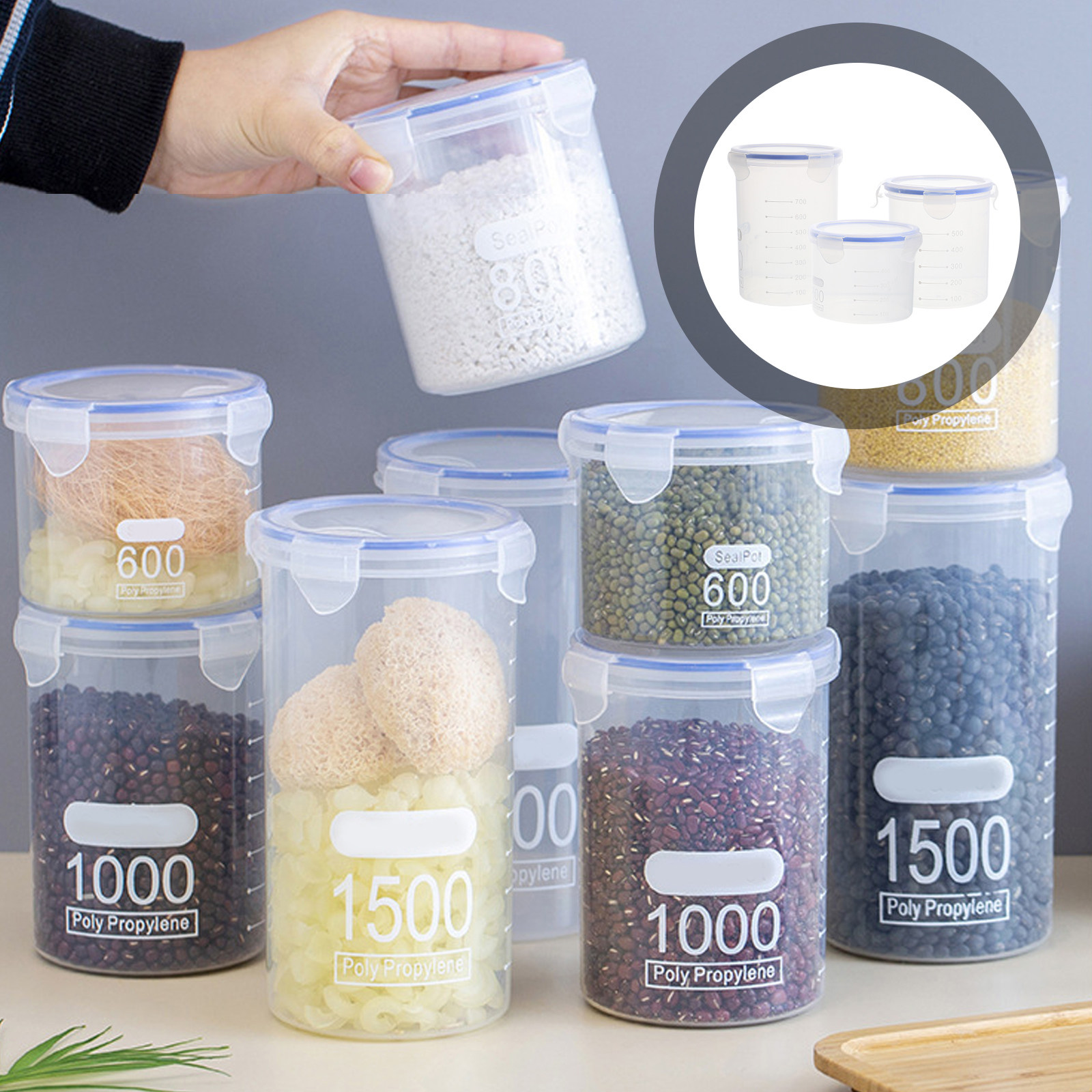 Food Storage Containers - 6個入り、密閉式の保存容器。透明プラスチック製で、穀物や食品の保存に最適。気密性があり、キッチンで使えるプラスチック製の密閉容器。