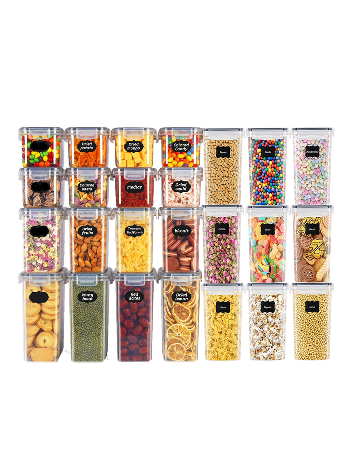 Food Storage Labels - 48個入り、蓋付き密封食品保存容器、プラスチック製キッチンパントリー、乳糖、穀物、小麦粉、砂糖用の乾物保存瓶、ラベル付き