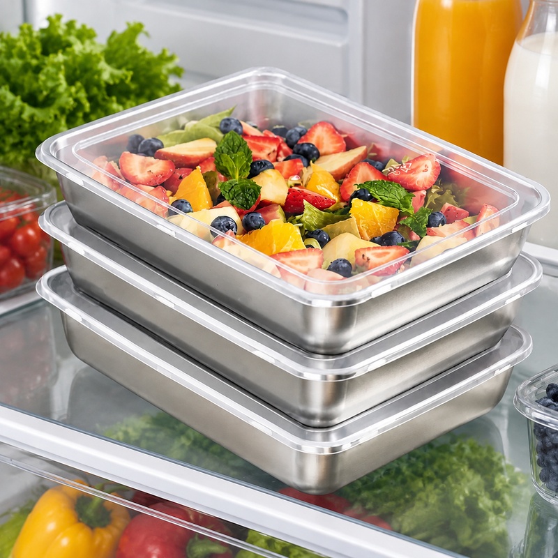 透明な蓋が付いた3点セットのステンレス製食品保存容器。キッチ - Food Storage Meals のレビューと価格